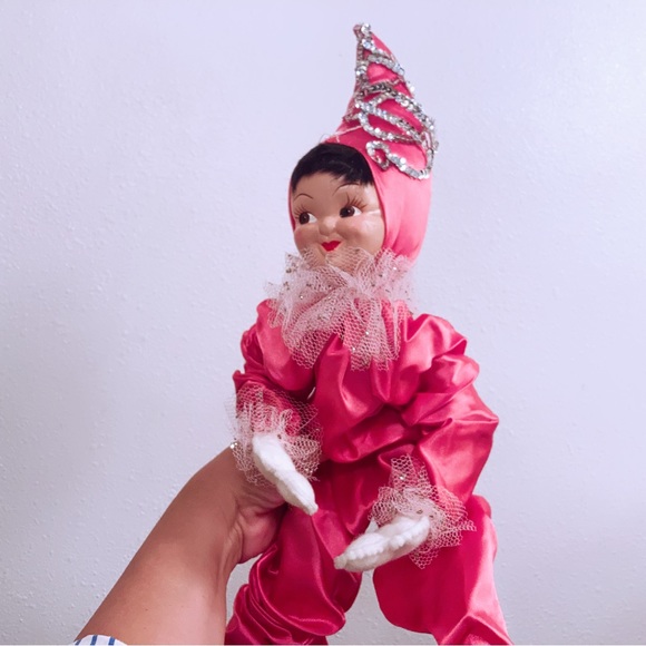 Vintage 20” Tall Hand Painted Posable Fancy Pixie Elf Dressed In Pink Satin - Picture 3 of 5